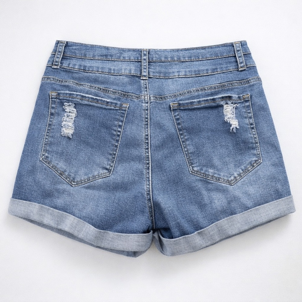 Women’s Blue Distressed Denim Jean Shorts Size M Stretch Cuffed Casual Summer - Picture 3 of 6